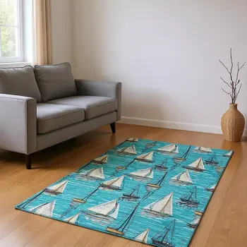 10' X 14' Teal Blue Ivory And Gold Nautical Washable Area Rug With UV Protection