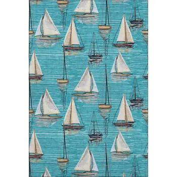 10' X 14' Teal Blue Ivory And Gold Nautical Washable Area Rug With UV Protection
