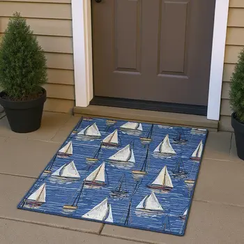3' X 5' Navy Blue Ivory And Gold Nautical Washable Area Rug With UV Protection