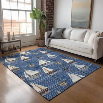 3' X 5' Navy Blue Ivory And Gold Nautical Washable Area Rug With UV Protection