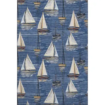 3' X 5' Navy Blue Ivory And Gold Nautical Washable Area Rug With UV Protection