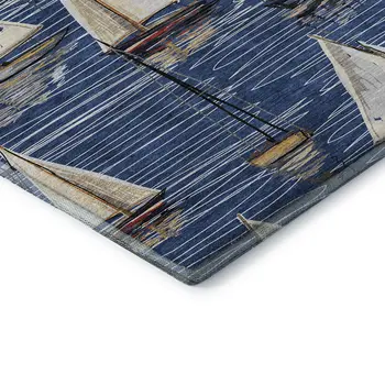 3' X 5' Navy Blue Ivory And Gold Nautical Washable Area Rug With UV Protection