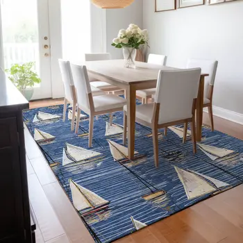 3' X 5' Navy Blue Ivory And Gold Nautical Washable Area Rug With UV Protection