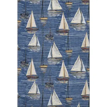 3' X 5' Navy Blue Ivory And Gold Nautical Washable Area Rug With UV Protection