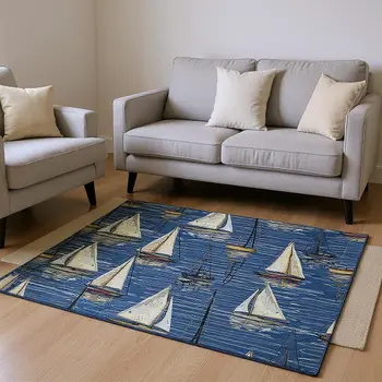 5' X 8' Navy Blue Ivory And Gold Nautical Washable Area Rug With UV Protection
