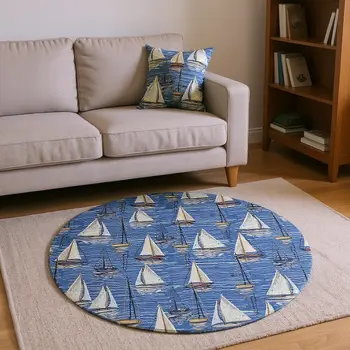 8' Navy Blue Ivory And Gold Nautical Washable Round Rug With UV Protection