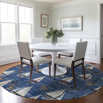 8' Navy Blue Ivory And Gold Nautical Washable Round Rug With UV Protection