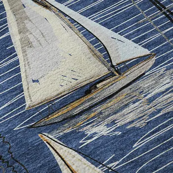 8' Navy Blue Ivory And Gold Nautical Washable Round Rug With UV Protection