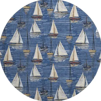8' Navy Blue Ivory And Gold Nautical Washable Round Rug With UV Protection