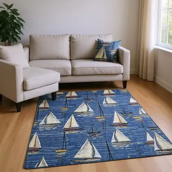 8' X 10' Navy Blue Ivory And Gold Nautical Washable Area Rug With UV Protection