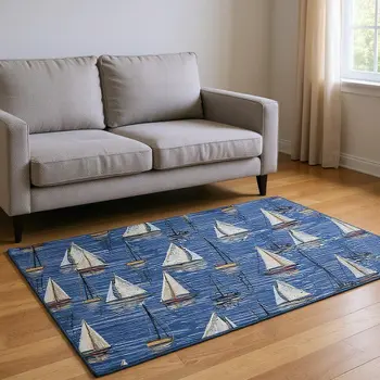 10' X 14' Navy Blue Ivory And Gold Nautical Washable Area Rug With UV Protection