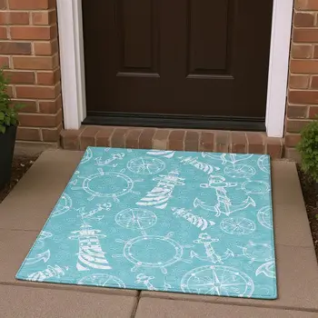 3' X 5' Pacific Blue And Ivory Nautical Washable Area Rug With UV Protection