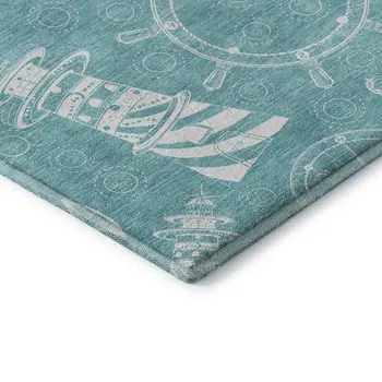 3' X 5' Pacific Blue And Ivory Nautical Washable Area Rug With UV Protection
