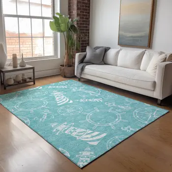 5' X 8' Pacific Blue And Ivory Nautical Washable Area Rug With UV Protection