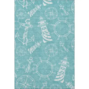 5' X 8' Pacific Blue And Ivory Nautical Washable Area Rug With UV Protection
