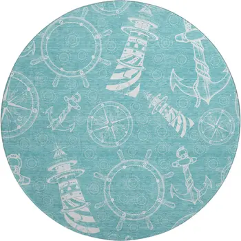 8' Pacific Blue And Ivory Nautical Washable Round Rug With UV Protection
