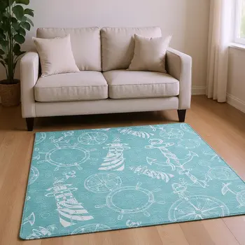 8' X 10' Pacific Blue And Ivory Nautical Washable Area Rug With UV Protection