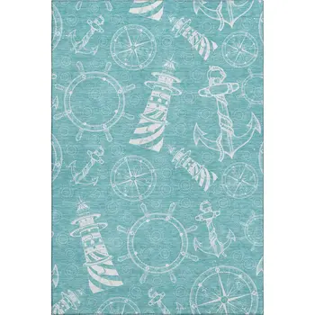 8' X 10' Pacific Blue And Ivory Nautical Washable Area Rug With UV Protection