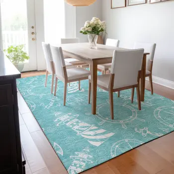 8' X 10' Pacific Blue And Ivory Nautical Washable Area Rug With UV Protection