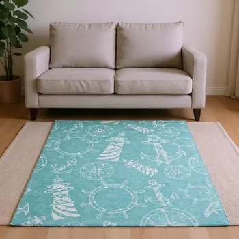 9' X 12' Pacific Blue And Ivory Nautical Washable Area Rug With UV Protection