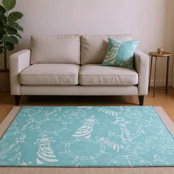 10' X 14' Pacific Blue And Ivory Nautical Washable Area Rug With UV Protection