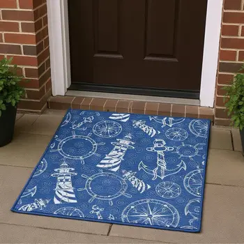 3' X 5' Navy Blue And Ivory Nautical Washable Area Rug With UV Protection