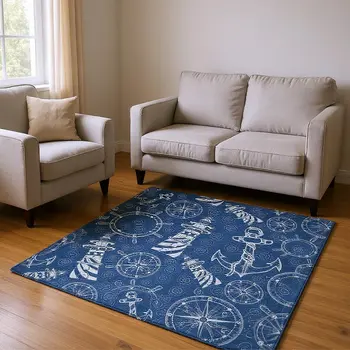 5' X 8' Navy Blue And Ivory Nautical Washable Area Rug With UV Protection