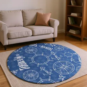 8' Navy Blue And Ivory Nautical Washable Round Rug With UV Protection