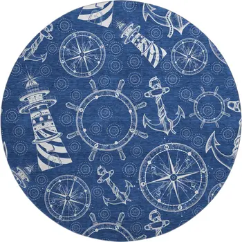8' Navy Blue And Ivory Nautical Washable Round Rug With UV Protection