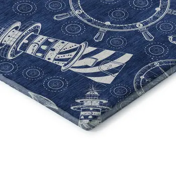 8' Navy Blue And Ivory Nautical Washable Round Rug With UV Protection