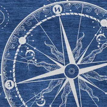8' Navy Blue And Ivory Nautical Washable Round Rug With UV Protection