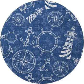 8' Navy Blue And Ivory Nautical Washable Round Rug With UV Protection