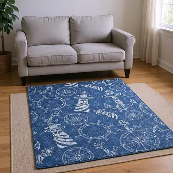 8' X 10' Navy Blue And Ivory Nautical Washable Area Rug With UV Protection