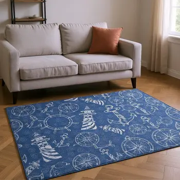 9' X 12' Navy Blue And Ivory Nautical Washable Area Rug With UV Protection