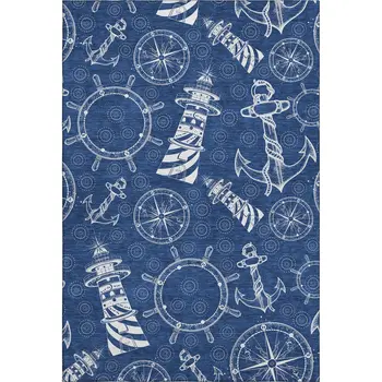 9' X 12' Navy Blue And Ivory Nautical Washable Area Rug With UV Protection
