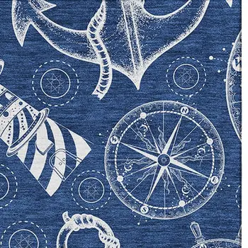 9' X 12' Navy Blue And Ivory Nautical Washable Area Rug With UV Protection