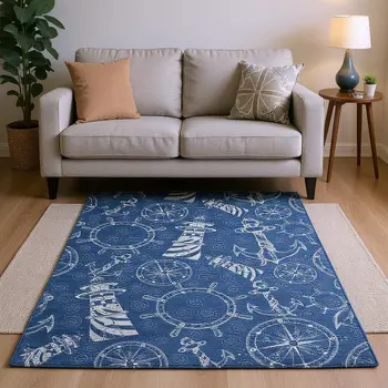 10' X 14' Navy Blue And Ivory Nautical Washable Area Rug With UV Protection