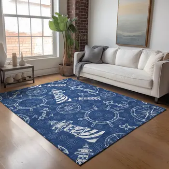 10' X 14' Navy Blue And Ivory Nautical Washable Area Rug With UV Protection