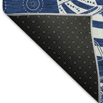 10' X 14' Navy Blue And Ivory Nautical Washable Area Rug With UV Protection