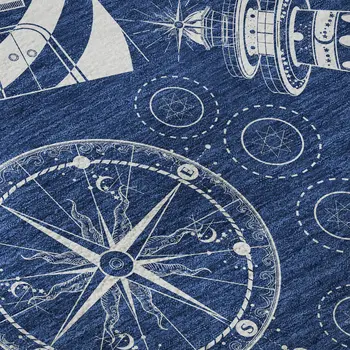10' X 14' Navy Blue And Ivory Nautical Washable Area Rug With UV Protection