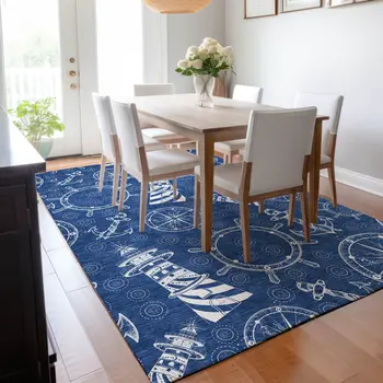10' X 14' Navy Blue And Ivory Nautical Washable Area Rug With UV Protection