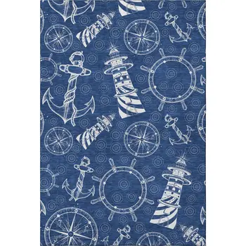10' X 14' Navy Blue And Ivory Nautical Washable Area Rug With UV Protection