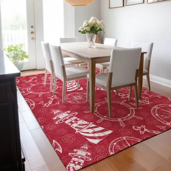 5' X 8' Red And Ivory Nautical Washable Area Rug With UV Protection