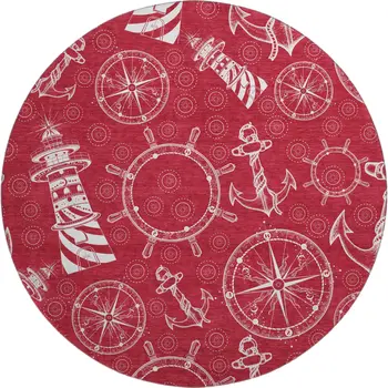 8' Red And Ivory Nautical Washable Round Rug With UV Protection