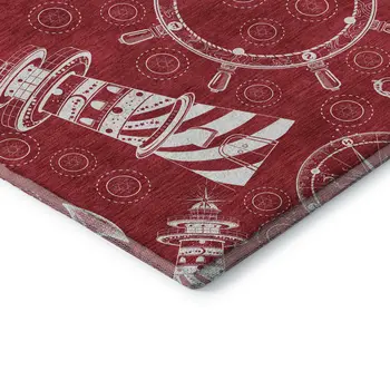8' Red And Ivory Nautical Washable Round Rug With UV Protection