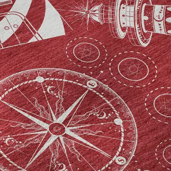 8' Red And Ivory Nautical Washable Round Rug With UV Protection