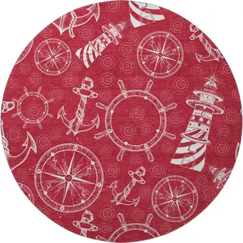 8' Red And Ivory Nautical Washable Round Rug With UV Protection