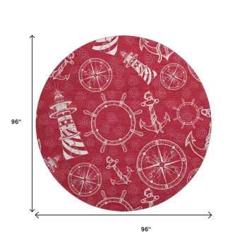 8' Red And Ivory Nautical Washable Round Rug With UV Protection