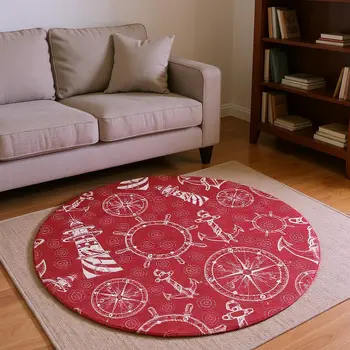8' Red And Ivory Nautical Washable Round Rug With UV Protection