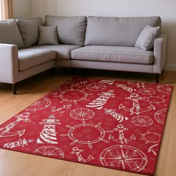 8' X 10' Red And Ivory Nautical Washable Area Rug With UV Protection